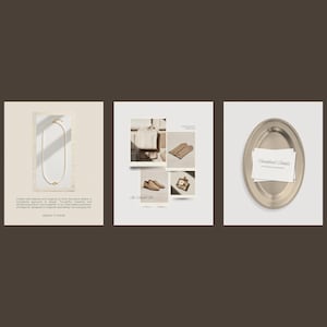 May include: A three-part visual display featuring a gold chain necklace, a collection of beige clothing items including a sweater, gloves, and shoes, and a silver oval tray holding a white card with the text "Considered Details".