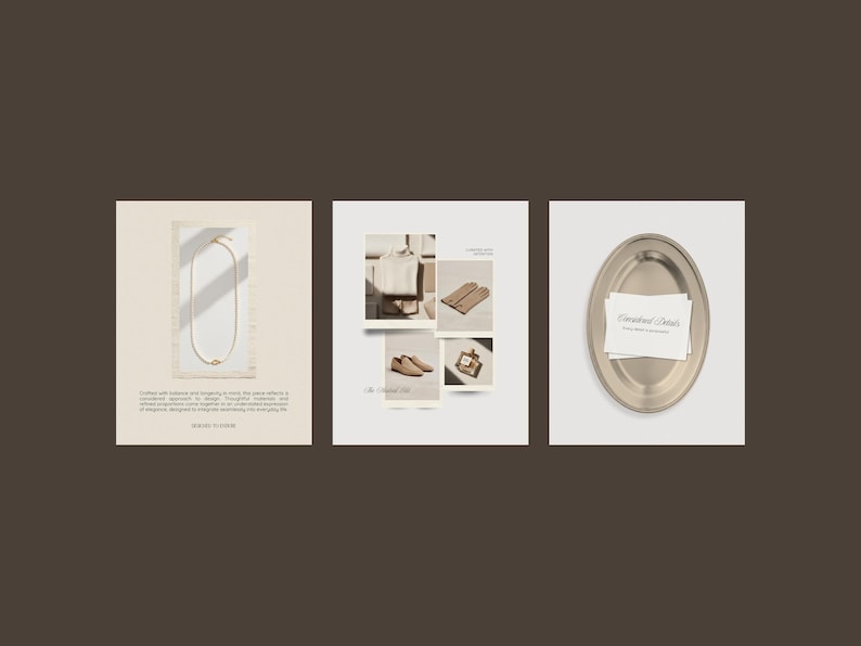 May include: A three-part visual display featuring a gold chain necklace, a collection of beige clothing items including a sweater, gloves, and shoes, and a silver oval tray holding a white card with the text "Considered Details".