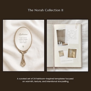 K&ouml;nnte beinhalten: Die Norah Collection II umfasst ein Set aus 24 Vorlagen, darunter ein ovaler Handspiegel mit dem Text Reflection A quiet moment to gather thoughts before the next chapter begins und ein offenes Journal mit Papierst&uuml;cken und dem Text WITHIN & BEYOND.