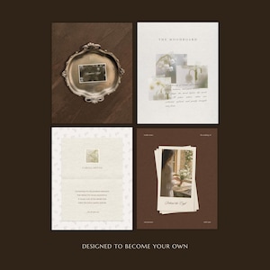 K&ouml;nnte beinhalten: Eine Collage aus vier Feldern mit einem silbernen, gewellten Tablett mit einer kleinen Karte, einer wei&szlig;en Seite mit der &Uuml;berschrift THE MOODBOARD mit Blumenbildern und Text, einer wei&szlig;en Seite mit der &Uuml;berschrift A SMALL DETAIL mit Text sowie einer braunen Seite mit einem Foto und dem Text DESIGNED TO BECOME YOUR OWN.