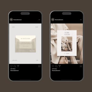 May include: Two smartphones displaying social media posts from thestudiomori. The left screen shows an invitation card in an envelope. The right screen features a white card with the text IVOIRE ATELIER and an image of a person in beige clothing.