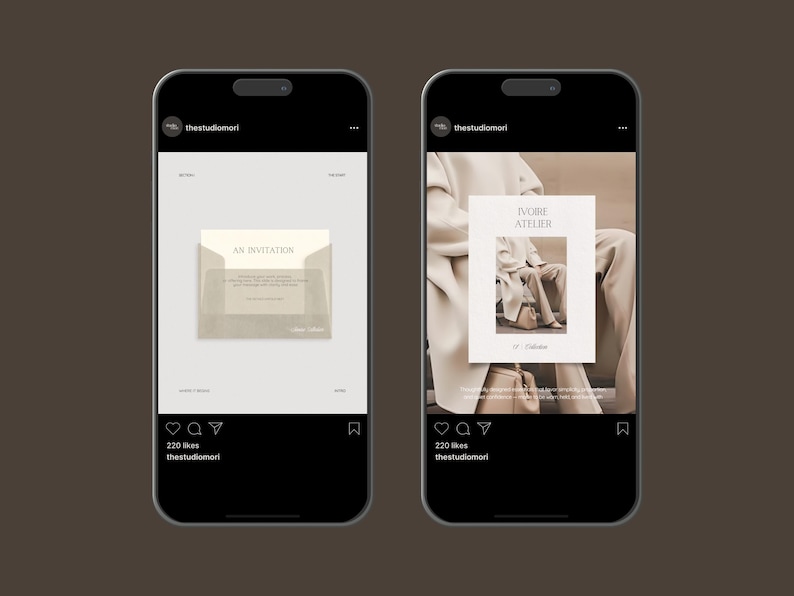 May include: Two smartphones displaying social media posts from thestudiomori. The left screen shows an invitation card in an envelope. The right screen features a white card with the text IVOIRE ATELIER and an image of a person in beige clothing.