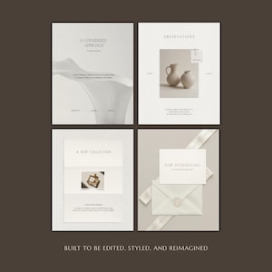May include: A set of four digital templates featuring off-white backgrounds with serif typography. The designs include text such as A CONSIDERED APPROACH, OBSERVATIONS, A NEW COLLECTION, and NOW INTRODUCING, alongside imagery of ceramic vases and an envelope.