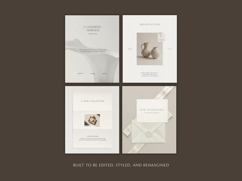 May include: A set of four digital templates featuring off-white backgrounds with serif typography. The designs include text such as A CONSIDERED APPROACH, OBSERVATIONS, A NEW COLLECTION, and NOW INTRODUCING, alongside imagery of ceramic vases and an envelope.