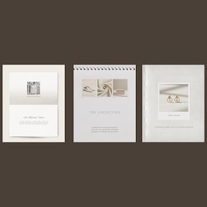 May include: Three white paper documents displayed side-by-side. The left document features a small black and white photo and text. The center document is spiral-bound with three small photos and the text THE COLLECTION. The right document shows a photo of gold earrings and text.
