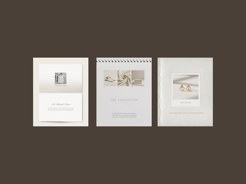 May include: Three white paper documents displayed side-by-side. The left document features a small black and white photo and text. The center document is spiral-bound with three small photos and the text THE COLLECTION. The right document shows a photo of gold earrings and text.
