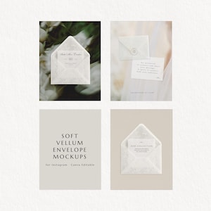 Könnte beinhalten: Eine Sammlung von Soft-Vellum-Umschlag-Mockups für Instagram, Canva-bearbeitbar. Das Bild zeigt mehrere Umschläge mit zarten Spitzendesigns und Karten mit elegantem Text. Die Farbpalette ist neutral, mit Weiß- und Beigetönen.
