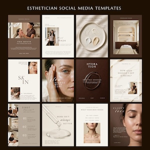 May include: A collection of twelve esthetician social media templates featuring a neutral brown and cream color palette. The designs include text overlays, photography of skincare treatments, product textures, and close-ups of facial skin.