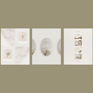 K&ouml;nnte beinhalten: Drei rechteckige Karten auf einem ged&auml;mpften olivfarbenen Hintergrund. Die linke Karte enth&auml;lt den Text Inspiration, Botanicals und Materials. Die mittlere Karte zeigt einen ovalen Rahmen mit Blumenmotiven und den Text Collection. Die rechte Karte zeigt vier vertikale Fotostreifen mit dem Text Gallery und Details.