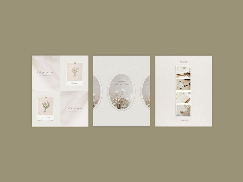 K&ouml;nnte beinhalten: Drei rechteckige Karten auf einem ged&auml;mpften olivfarbenen Hintergrund. Die linke Karte enth&auml;lt den Text Inspiration, Botanicals und Materials. Die mittlere Karte zeigt einen ovalen Rahmen mit Blumenmotiven und den Text Collection. Die rechte Karte zeigt vier vertikale Fotostreifen mit dem Text Gallery und Details.