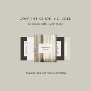 K&ouml;nnte beinhalten: Ein digitales Inhaltsleitfaden-Dokument mit einer zentralen Seite mit dem Text Content Guide und Curated prompts for what to post, umgeben von mehreren geschichteten Seitenvorschauen in Schwarz-, Wei&szlig;- und Beiget&ouml;nen auf hellbeigem Grund.