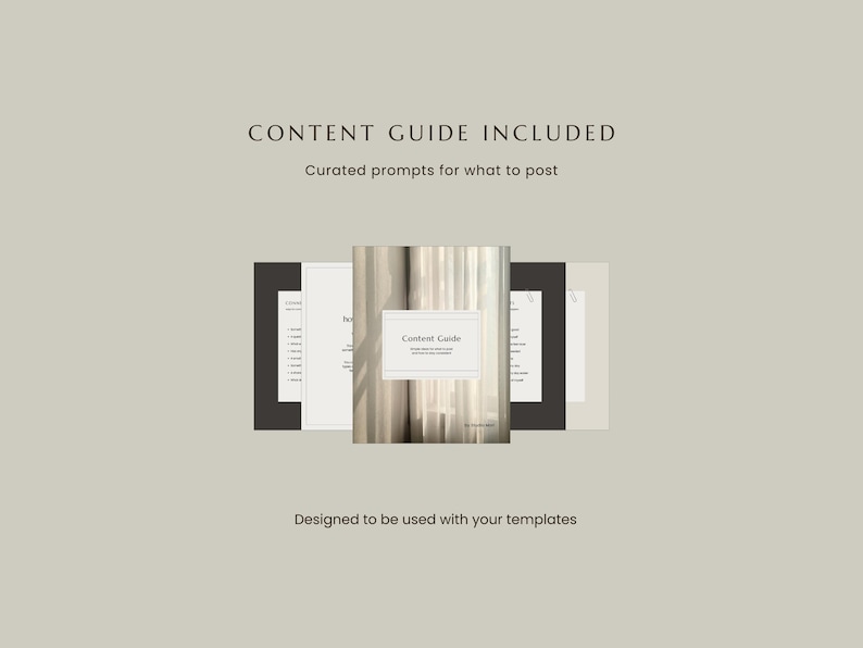 K&ouml;nnte beinhalten: Ein digitales Inhaltsleitfaden-Dokument mit einer zentralen Seite mit dem Text Content Guide und Curated prompts for what to post, umgeben von mehreren geschichteten Seitenvorschauen in Schwarz-, Wei&szlig;- und Beiget&ouml;nen auf hellbeigem Grund.