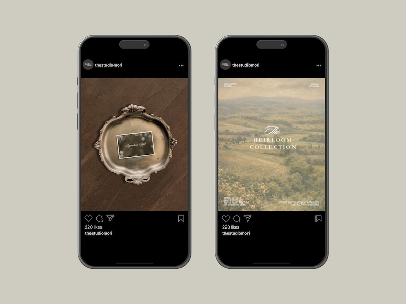 K&ouml;nnte beinhalten: Zwei Smartphones zeigen Social-Media-Beitr&auml;ge von thestudiomori. Der linke Bildschirm zeigt ein silbernes, gewelltes Tablett mit einer kleinen Karte. Der rechte Bildschirm zeigt ein Landschaftsbild mit dem Text The Heirloom Collection.