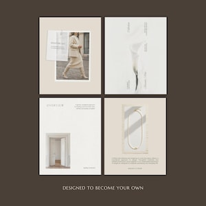 May include: A four-panel digital collage on a dark brown background. Panels feature a beige aesthetic with imagery of a person in a cream blazer and skirt, a white calla lily, an open doorway, and a gold necklace. Text includes "OVERVIEW" and "DESIGNED TO BECOME YOUR OWN."