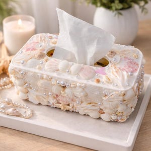 Handmade Seashell Tissue Box Cover, Coastal Nautical Beach House Decor, Luxury Shell Art Holder, Unique Housewarming Gift
