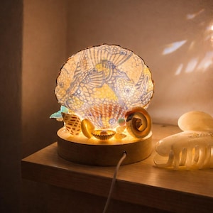 May include: A decorative seashell lamp with a warm glow. The lamp features a large, intricately patterned shell as a shade, with smaller shells and a wooden base. A white hair clip rests on the wooden surface.