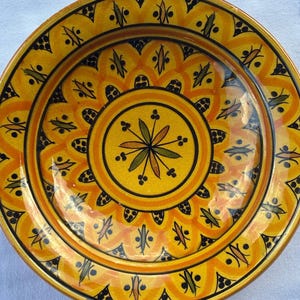 Vintage Hand-Painted Moroccan Ceramic Bowl | Signed Artisan Pottery | Safi Style Yellow & Black Decorative Serving Bowl | 9 Inch Boho Decor