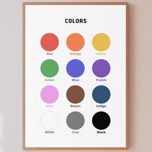 Color Poster for Kids Printable Rainbow Colors Chart Preschool Classroom Learning Wall