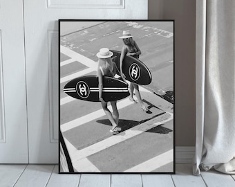 Retro Surfer Girls Black and White Print, Luxury Surf Art, Chanel