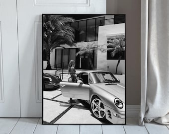 Luxury Porsche Car Print, Modern Villa, Black and White Photography (Digital Download)