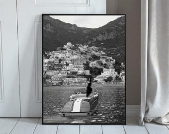 Positano Woman Yacht Print, Italian Riviera Coastal Decor (Digital Download)Old Money Vintage Art
