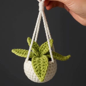 Puede incluir: Un colgador de plantas hecho a mano con ganchillo, con una maceta blanca y hojas verdes. La planta está suspendida por cuerdas blancas, creando una encantadora pieza decorativa en miniatura. La mano que sostiene la planta tiene esmalte de uñas rosa.
