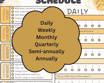 May include: A cleaning schedule checklist with a beige background and a gold border. The schedule includes daily, weekly, monthly, quarterly, semi-annually, and annual tasks. The text "CLEANING SCHEDULE" is at the top.