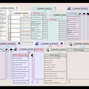 May include: A multi-section cleaning schedule, including daily, monthly, quarterly, semi-annually, and annually tasks. The schedule features checklists for various cleaning duties. The text "CLEANING SCHEDULE" is displayed at the top of each section.