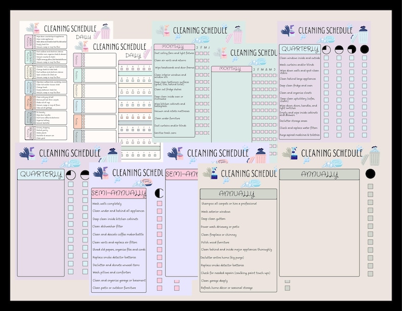 May include: A multi-section cleaning schedule, including daily, monthly, quarterly, semi-annually, and annually tasks. The schedule features checklists for various cleaning duties. The text "CLEANING SCHEDULE" is displayed at the top of each section.
