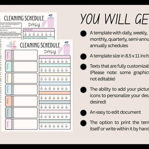 May include: Two printable cleaning schedule templates with the text "CLEANING SCHEDULE DAILY". The templates have checkboxes for daily tasks and are decorated with pastel-coloured graphics. The right side of the image has text that says "YOU WILL GET:"
