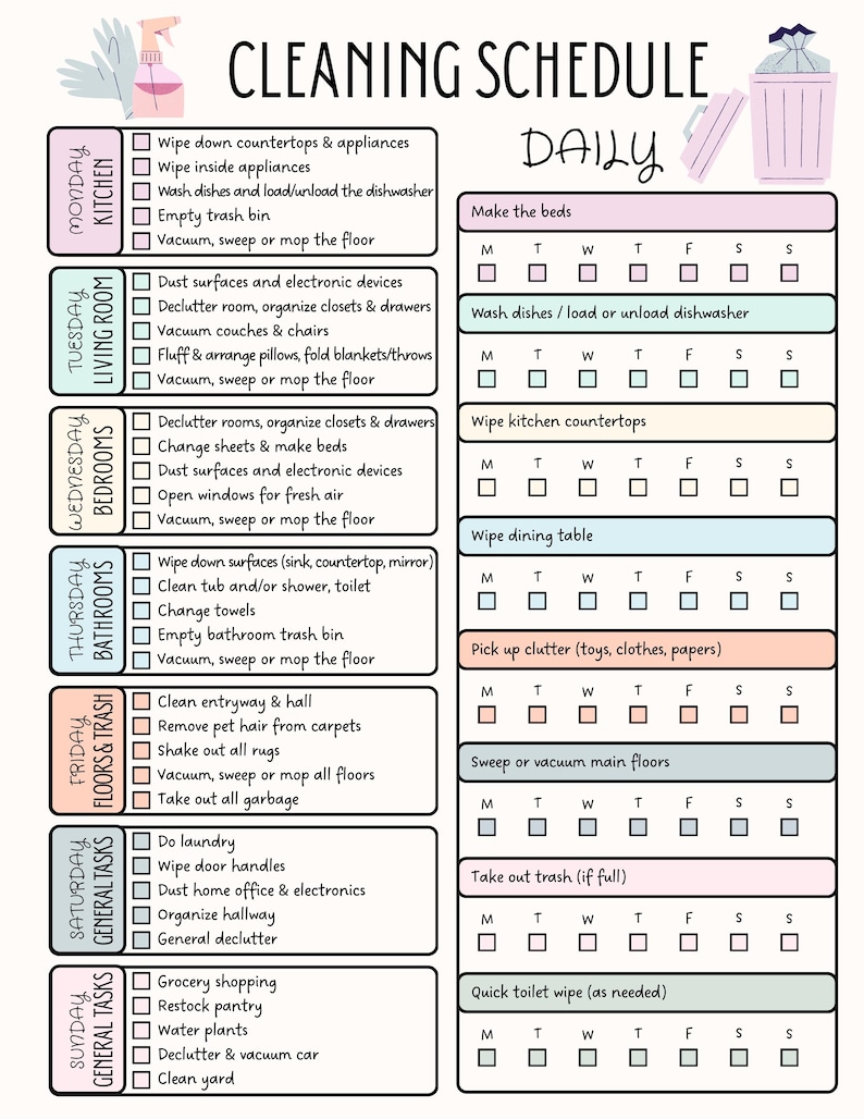 May include: A colorful cleaning schedule chart with daily and weekly tasks, including kitchen, living room, bedroom, and bathroom chores. The chart features checkboxes for tracking progress and is decorated with pastel colors.