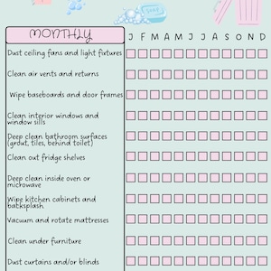 May include: A pale blue cleaning schedule chart with the title "CLEANING SCHEDULE" in black. The chart lists monthly cleaning tasks with a grid for marking completion. Includes illustrations of cleaning supplies.
