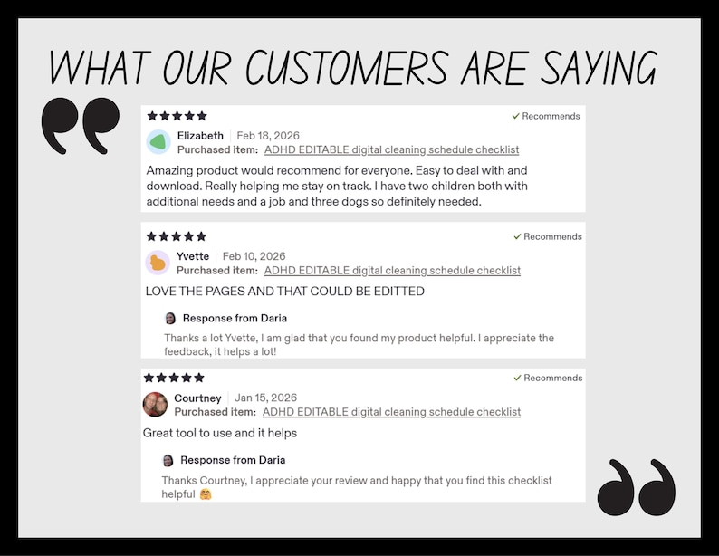 May include: A graphic featuring customer reviews for a digital cleaning schedule checklist. The text "WHAT OUR CUSTOMERS ARE SAYING" is displayed in a handwritten font. Reviews include star ratings and comments, enclosed within quotation marks.