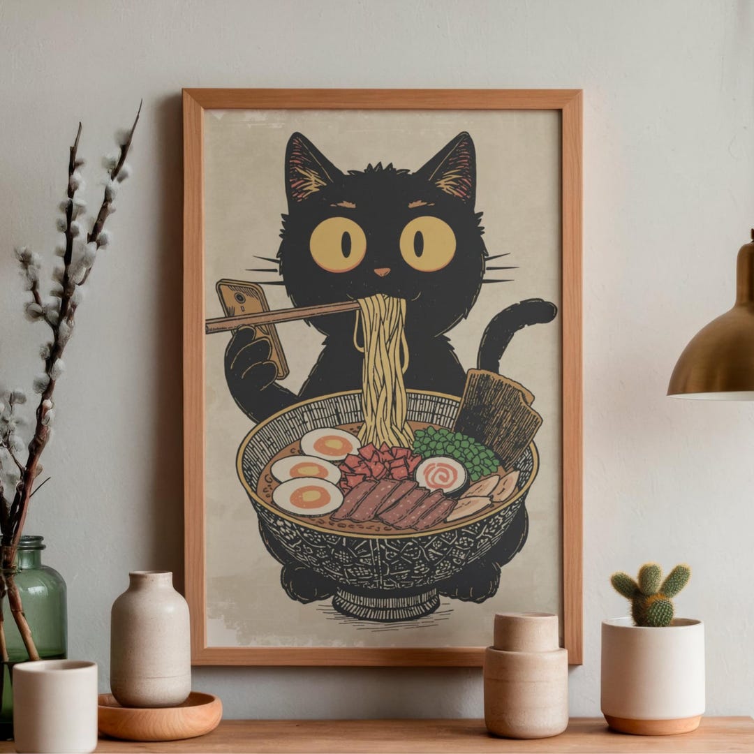Black Cat Ramen Wall Art Print Cute Cat Kitchen Decor Japanese Food ...