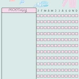May include: A light blue cleaning schedule chart with the title "CLEANING SCHEDULE" at the top. The chart includes a section labelled "MONTHLY" and a grid for tracking tasks. Decorative elements include soap, bubbles, and a bin.