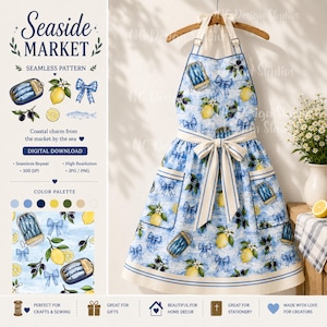 Può includere: Un grembiule blu e bianco con un motivo a tema marittimo con limoni, sardine e fiocchi. Il grembiule ha tasche e un fiocco color crema. L'immagine include il testo "Seaside Market" e "Digital Download".