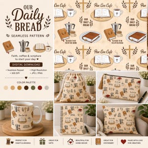 Op de afbeelding: Een digitale download met een naadloos patroon "Our Daily Bread". Het ontwerp bevat koffiepotten, open boeken en koffiekopjes. Het patroon wordt getoond op verschillende producten, waaronder een mok, een trekkoordtas en een kussen.
