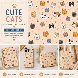 May include: Various products with a repeating pattern of cartoon cat faces in different colours. Items include a notebook, phone case, pouch, and tote bag. The image also displays the text "CUTE CATS - SEAMLESS PATTERN".
