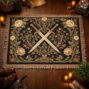 May include: Black woven throw blanket with a floral design and two crossed swords. The blanket features beige flowers and foliage, with a fringed edge. The swords are beige with gold-colored hilts.