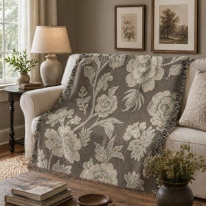 Floral and Leaves Pattern Woven Throw with Fringes- Gift For Mom or Daughter