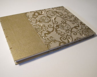 Large Gold and Ivory Guest Book: Lace Cream and Metallic Gold Wedding Guestbook