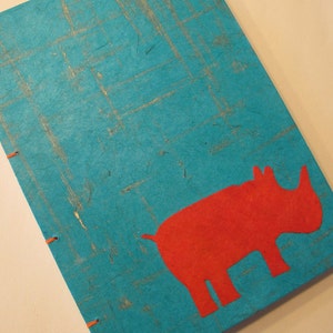 Rhino Handmade Journal Notebook: Turquoise and Orange Rhinoceros Hardbound Book image 1