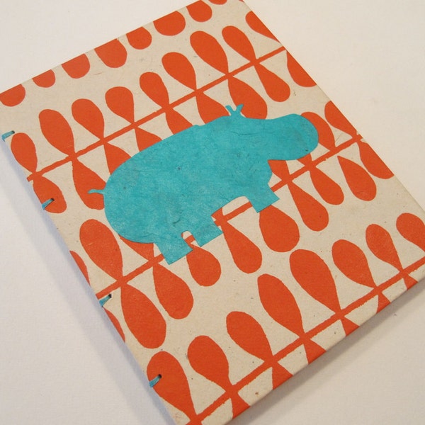 Hippo Handmade Journal Notebook:  Orange and Turquoise Hippopotamus Small Book Coptic Hardbound