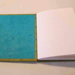 Pu&ograve; includere: Un diario artigianale blu turchese con un bordo verde e pagine bianche. Il diario &egrave; aperto per mostrare le pagine vuote.
