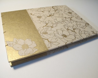 Large Metallic Gold and Ivory Guest Book: Floral Blossom Cream and Gold Wedding Guestbook