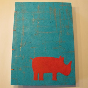 Rhino Handmade Journal Notebook: Turquoise and Orange Rhinoceros Hardbound Book image 2