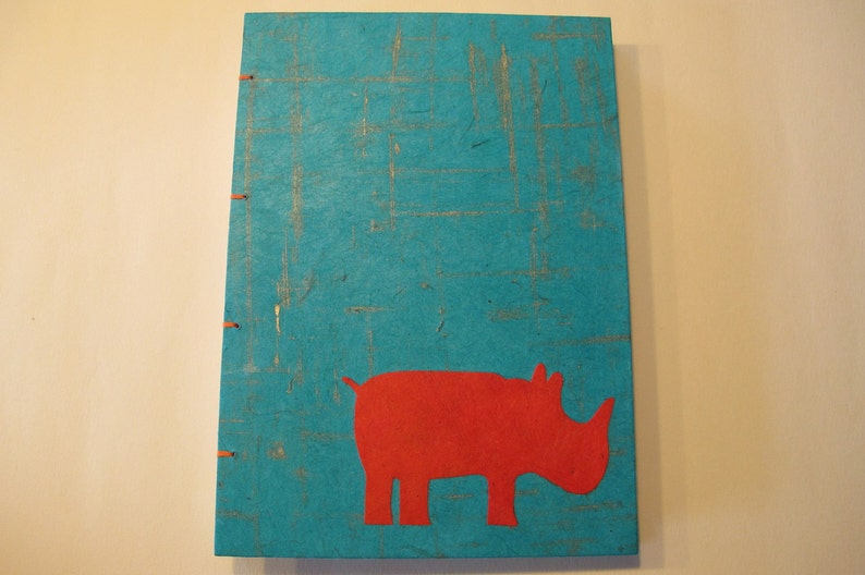 Rhino Handmade Journal Notebook: Turquoise and Orange Rhinoceros Hardbound Book image 2