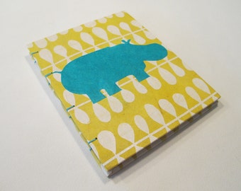 Hippo Small Journal Notebook Coptic Bound: Yellow and Turquoise Handmade Book Hardbound