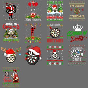 May include: Collection of Christmas-themed dartboard designs. Includes Santa Claus, Christmas trees, and festive text like "Merry Christmas" and "Dartmas." Designs feature red, green, and white colors.