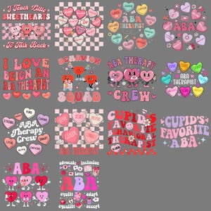 May include: A selection of vibrant graphic designs showcasing heart-shaped characters and text. The designs incorporate phrases such as "ABA Therapist," "Sweethearts," and "Behavioral Therapy," with diverse colour schemes and fonts.